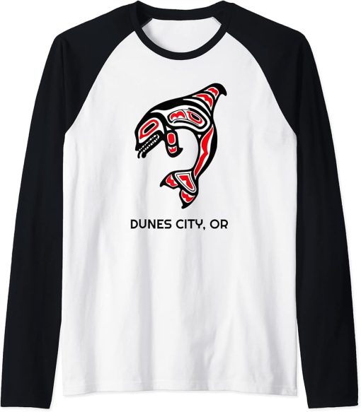 Dunes City, Oregon Native American Orca Killer Whales Gift Raglan Baseball Tee