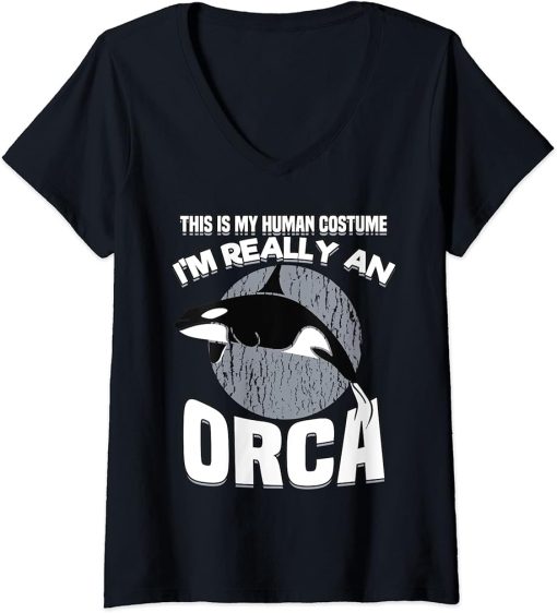 Womens Funny This Is My Human Costume Im Really An Orca Whale V-Neck T-Shirt